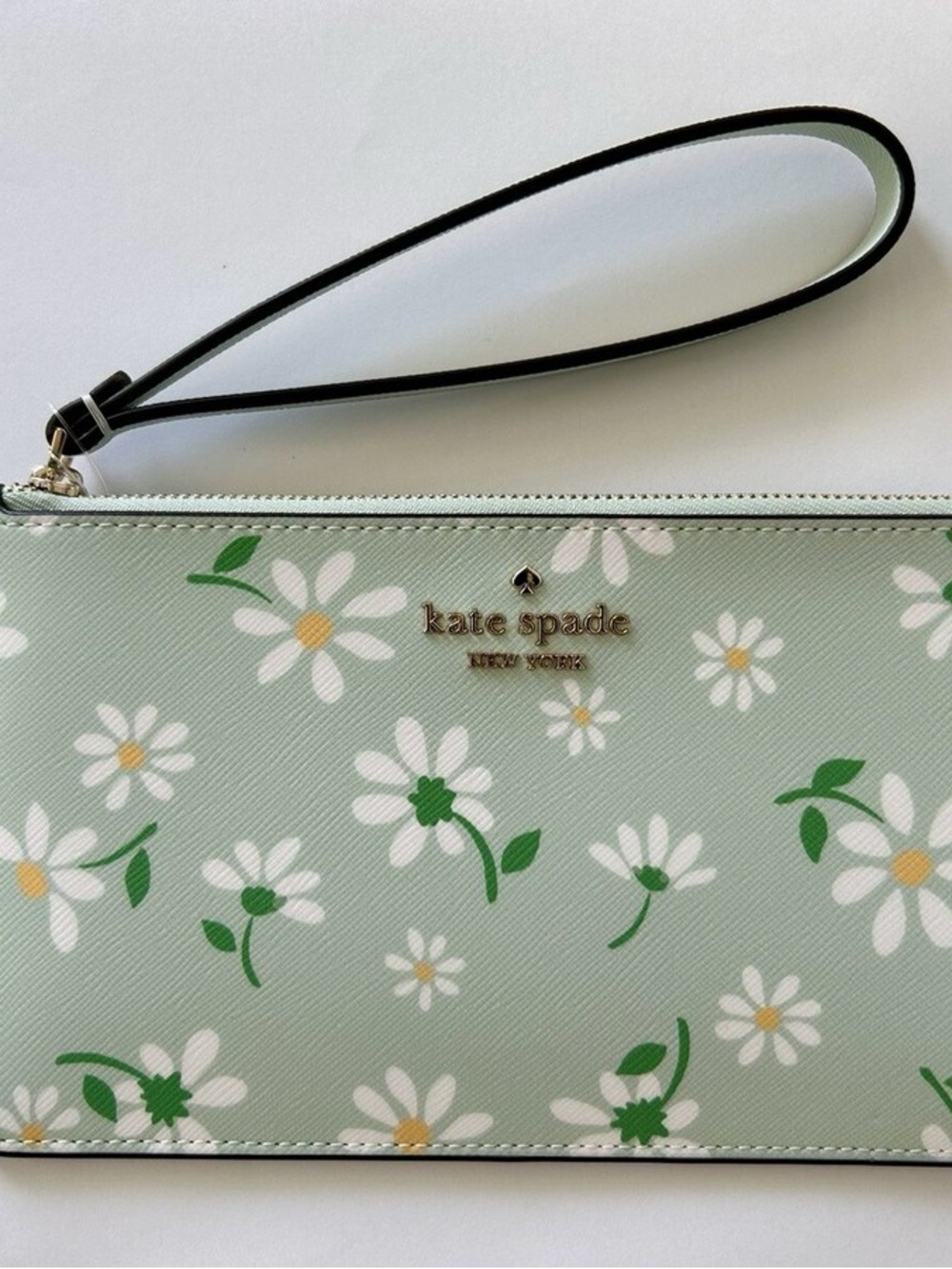 kate spade Mint Green Daisy Wristlet Clutch with Gold Logo
